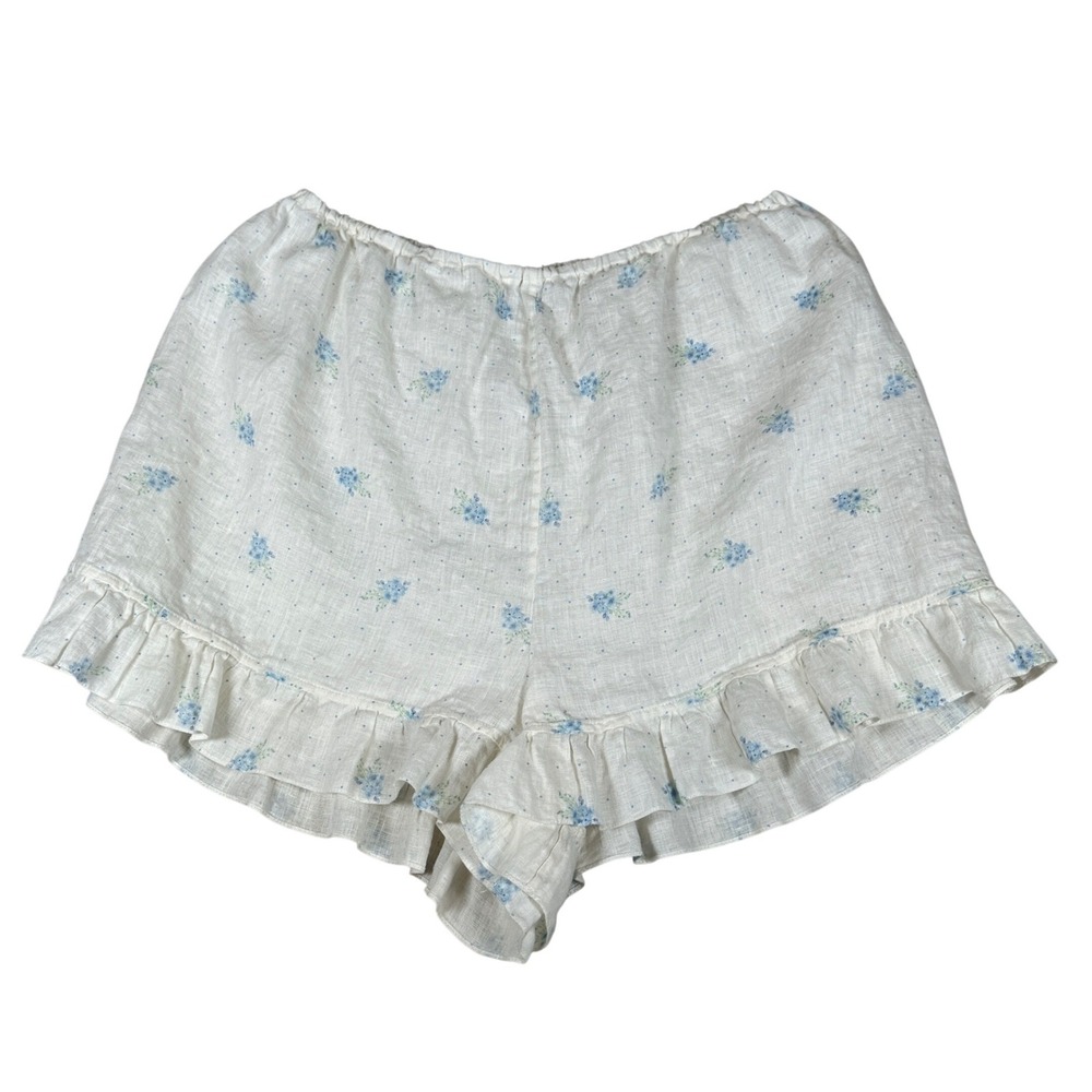 Sleeper Linen Ruffle‎ Shorts White Blue Floral Print XL Cottage Dainty coquette